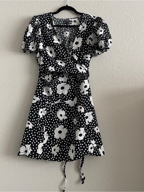 UO Jocelyn Black & White Floral Polka Wrap Dress